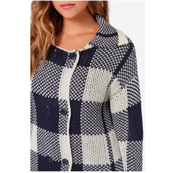 JOA Los Angeles Plaid Wool Blend Cardigan Sweater Ladies Navy Ivory Size Medium - Picture 4 of 12